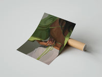 Gently curled Green Tie-Back Blouse and White Trousers print beside its protective shipping tube