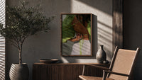Green Tie-Back Blouse and White Trousers poster framed above a fluted sideboard beside a potted tree