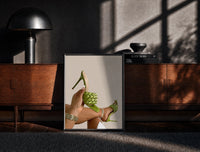 Black-framed Green Woven Stiletto Sandals print on the floor in front of a dark wooden console