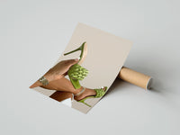 Gently curled Green Woven Stiletto Sandals print beside its protective shipping tube
