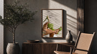 Green Woven Stiletto Sandals poster framed above a fluted sideboard beside a potted tree