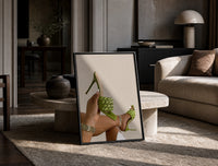 Green Woven Stiletto Sandals print on the floor, leaning against a travertine table