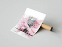 Grey KAWS Companion in abstract chaos composition with pink paint splashes and diagonal stripe, print unrolled beside tube