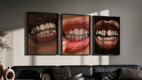 Grillz and Tooth Gems Set of 3 in black frames on a grey wall above a leather sofa