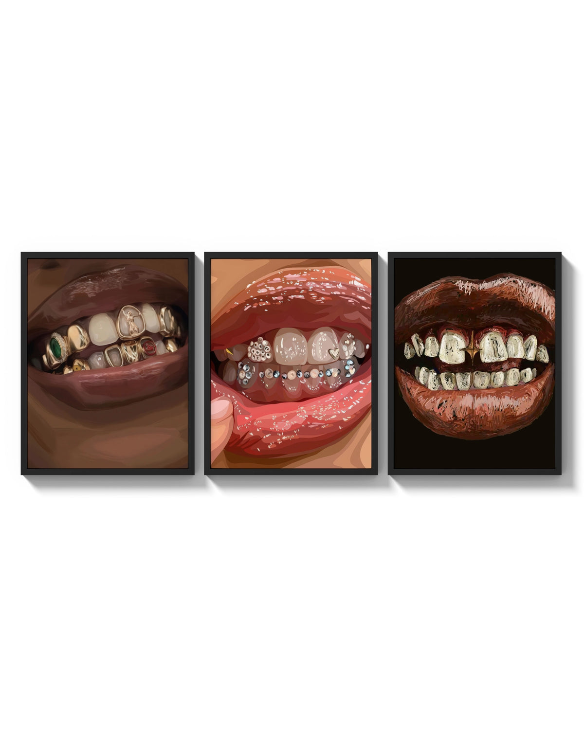 Grillz and Tooth Gems Set of 3 arranged on a bright gallery wall