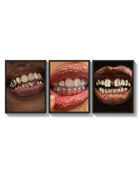 Grillz and Tooth Gems Set of 3 arranged on a bright gallery wall