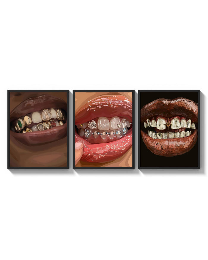 Grillz and Tooth Gems Set of 3 arranged on a bright gallery wall