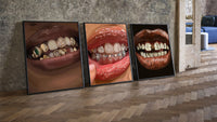 Grillz and Tooth Gems Set of 3 leaning on parquet beside a vintage loft door