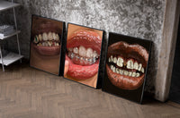 Grillz and Tooth Gems Set of 3 as black-framed prints leaning against a raw-plaster wall