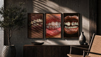 Grillz and Tooth Gems Set of 3 in walnut frames above a sideboard in a warm room