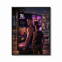 Framed muscular man in tank top print shown as a bold statement piece on a clean gallery wall
