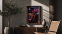 muscular man in tank top poster framed above a fluted sideboard beside an olive tree