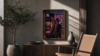 muscular man in tank top poster framed above a fluted sideboard beside an olive tree