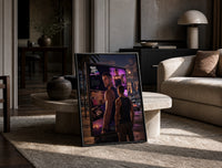 muscular man in tank top print in a black frame leaning on a travertine table in a sunlit lounge