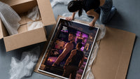 muscular man in tank top framed print being unpacked from protective bubble wrap and a box