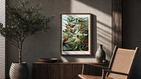 Colorful hummingbirds among tropical foliage poster framed above a fluted sideboard beside an olive tree