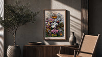 Botanical illustration of various orchids poster framed above a fluted sideboard beside an olive tree