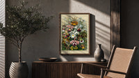 Colorful orchid flowers botanical illustration poster framed above a fluted sideboard beside an olive tree