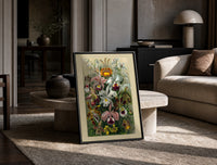 Colorful orchid flowers botanical illustration print in a black frame leaning on a travertine table in a sunlit lounge