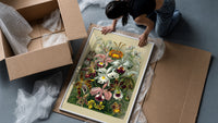 Colorful orchid flowers botanical illustration framed print being unpacked from protective bubble wrap and a box