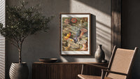 Sea anemones illustration poster framed above a fluted sideboard beside an olive tree