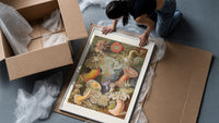 Sea anemones illustration framed print being unpacked from protective bubble wrap and a box