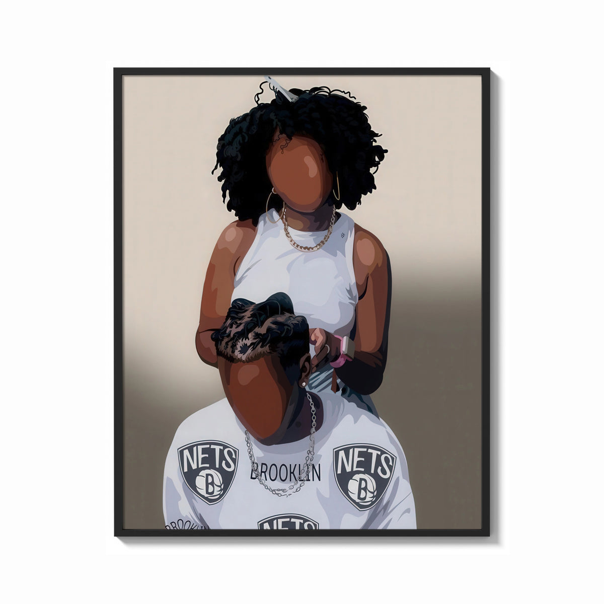 Framed Hair Braiding Scene with Two Figures print shown as a bold statement piece on a clean gallery wall
