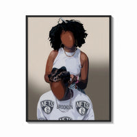 Framed Hair Braiding Scene with Two Figures print shown as a bold statement piece on a clean gallery wall