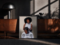 Black-framed Hair Braiding Scene with Two Figures print on the floor in front of a dark wooden console