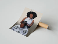 Gently curled Hair Braiding Scene with Two Figures print beside its protective shipping tube
