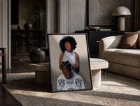 Hair Braiding Scene with Two Figures print on the floor, leaning against a travertine table