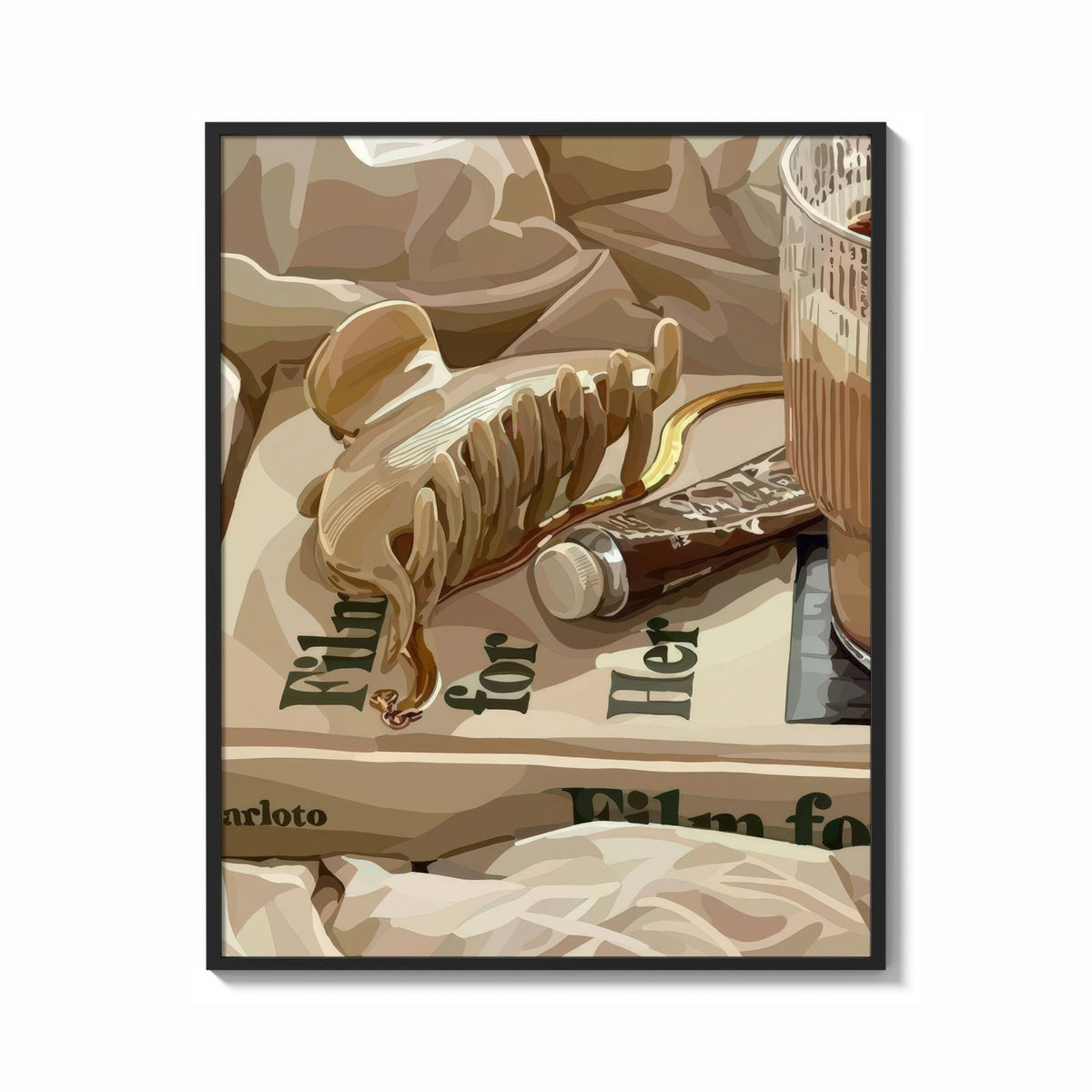 Framed Hair Claw and Cosmetic Tube print shown as a bold statement piece on a clean gallery wall