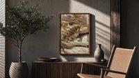 Hair Claw and Cosmetic Tube poster framed above a fluted sideboard beside a potted tree