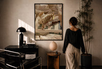 Hair Claw and Cosmetic Tube print in a black frame on a sunlit plaster wall, a woman looking on beside a mushroom lamp