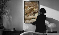 Hair Claw and Cosmetic Tube print in a slim black frame being hung on a sunlit wall in a monochrome room