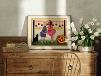Two children bobbing for apples print in an oak frame on a farmhouse dresser beside white tulips