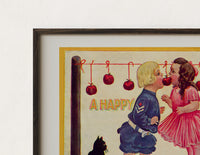 Close-up of the Two children bobbing for apples print's dark wood frame corner and archival matte paper