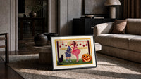 Two children bobbing for apples print in a slim black frame leaning on a travertine coffee table
