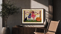 Two children bobbing for apples print in a wood frame above a fluted sideboard beside an olive tree