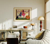 Two children bobbing for apples print in an oak frame above a mid-century book console with a vintage radio