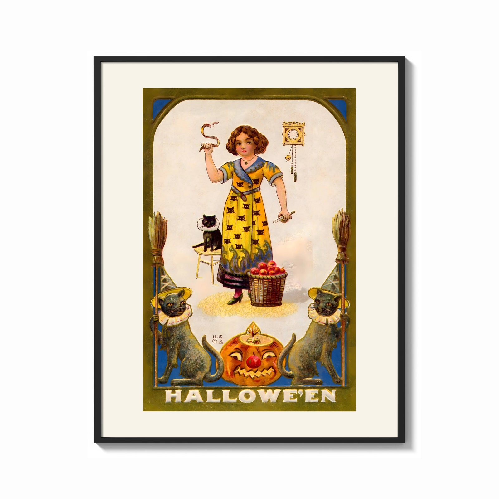 Framed Girl holding snake with black cat print shown as a bold statement piece on a clean gallery wall