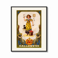 Framed Girl holding snake with black cat print shown as a bold statement piece on a clean gallery wall