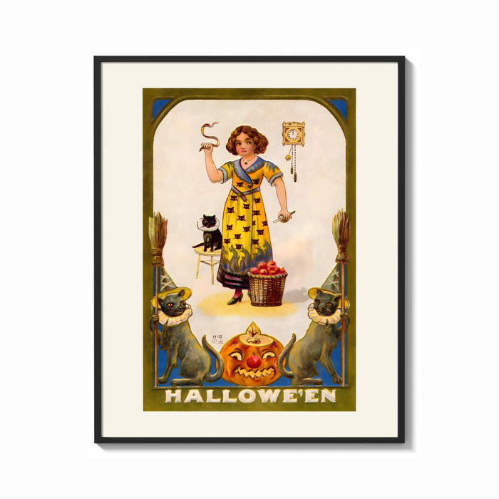 Framed Girl holding snake with black cat print shown as a bold statement piece on a clean gallery wall
