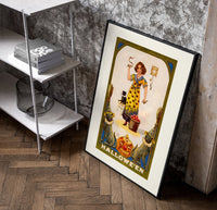 Girl holding snake with black cat poster in a black frame leaning beside a shelf in a raw-plaster loft