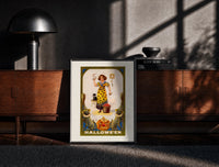 Black-framed Girl holding snake with black cat print on a moody console with designer coffee-table books