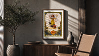 Girl holding snake with black cat poster framed above a fluted sideboard beside an olive tree