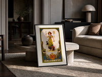 Girl holding snake with black cat print in a black frame leaning on a travertine table in a sunlit lounge