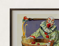 Close-up of the Clown bobbing for apples print's dark wood frame corner and archival matte paper