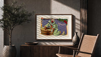 Clown bobbing for apples print in a wood frame above a fluted sideboard beside an olive tree