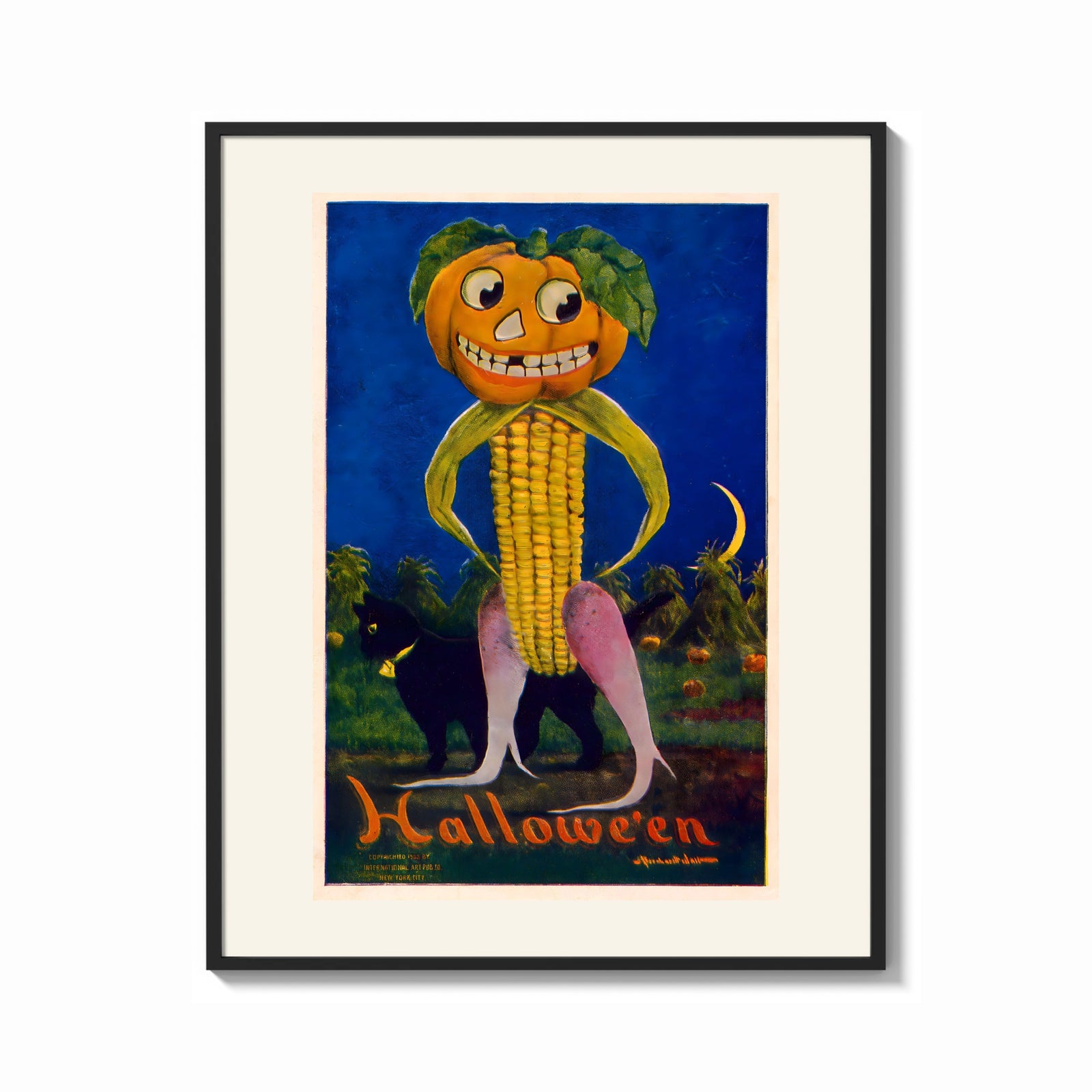 Framed Anthropomorphic pumpkin-headed corn figure print shown as a bold statement piece on a clean gallery wall